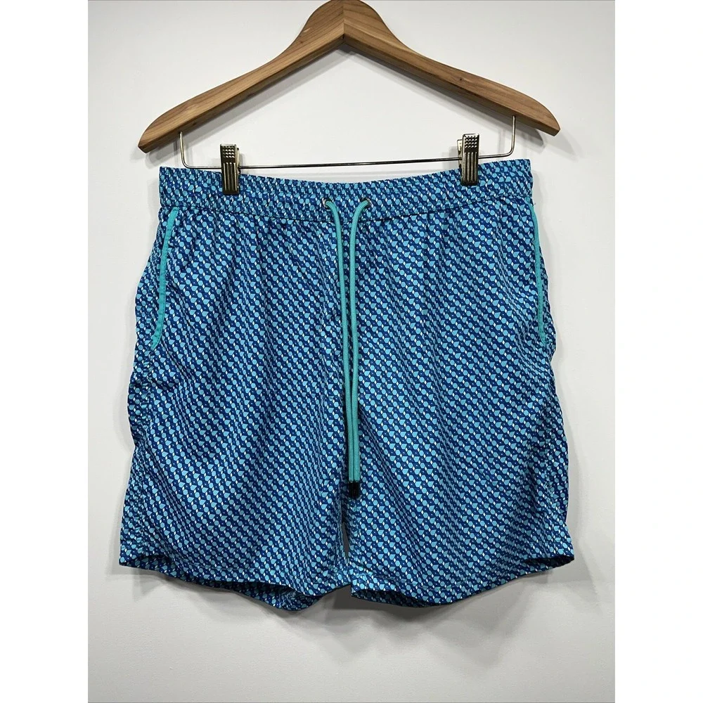 Mr. Swim Men's Large 100% Nylon Blue/Turquoise 3D Boxes Swim Beach Board Shorts